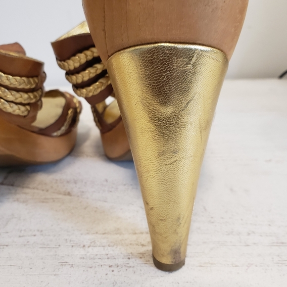 MICHAEL KORS BROWN LEATHER SANDALS WOODEN HEEL PLATFORM Size 9.5 - Picture 7 of 10